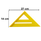 A yellow plastic speed square ruler is shown with dimensions of 27 cm length and 14 cm height.