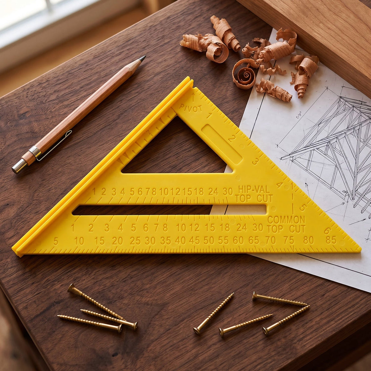 A yellow plastic speed square ruler, a pencil, wood shavings, and screws are arranged on a dark wood surface.