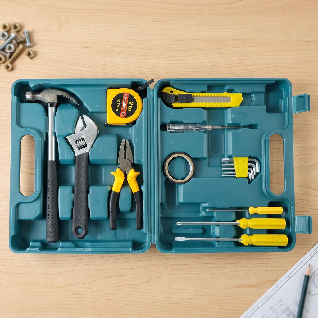 An open teal plastic toolbox contains a hammer, adjustable wrench, pliers, tape measure, utility knife, and various