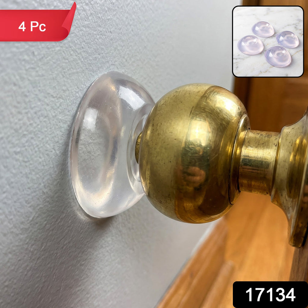 A clear silicone bumper on a light gray wall with a brass doorknob, with a red "4 Pc" label and a black "17134" label.