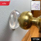 A clear silicone bumper on a light gray wall with a brass doorknob, with a red "4 Pc" label and a black "17134" label.