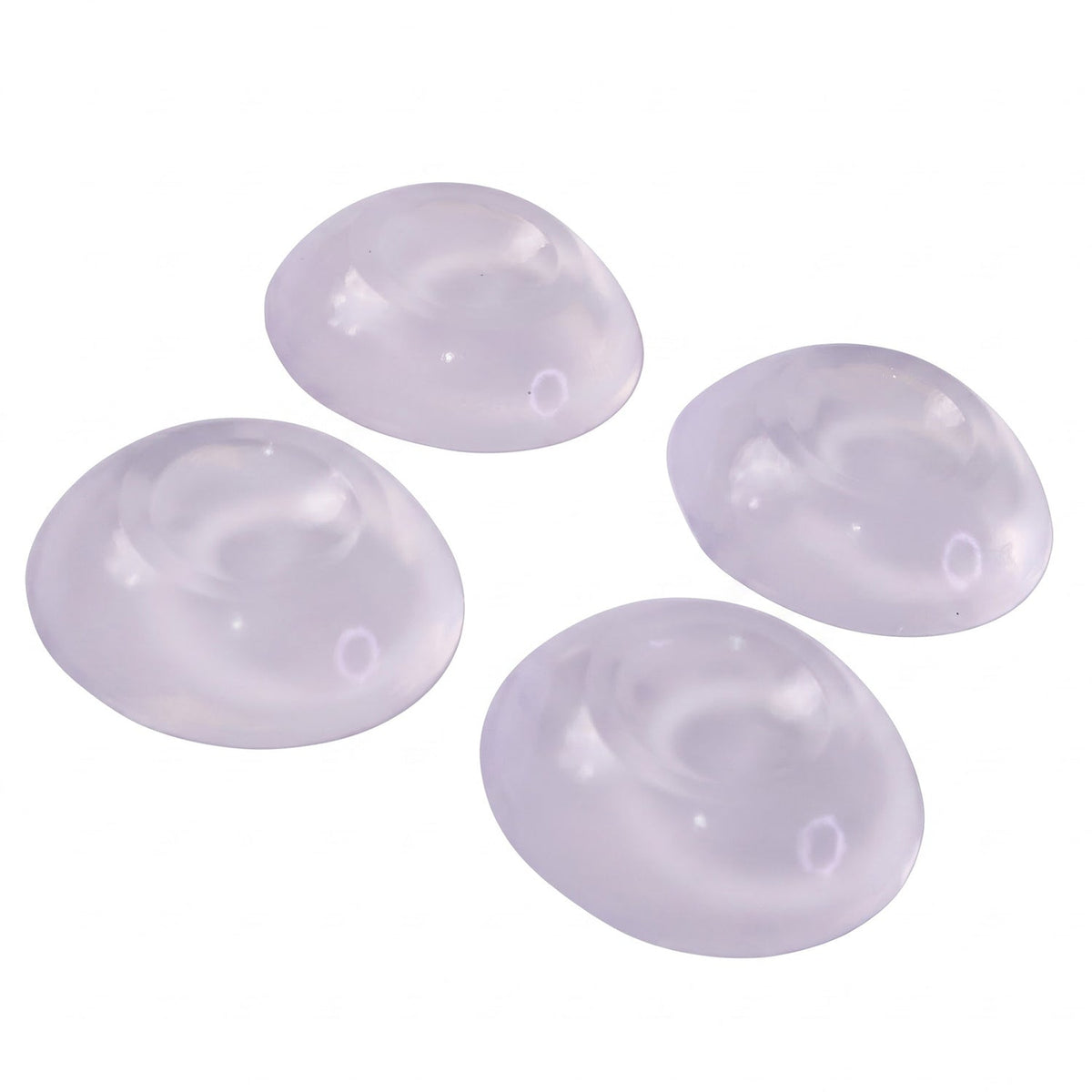 Four clear, dome-shaped silicone wall protectors with a subtle purple tint are arranged on a white background.
