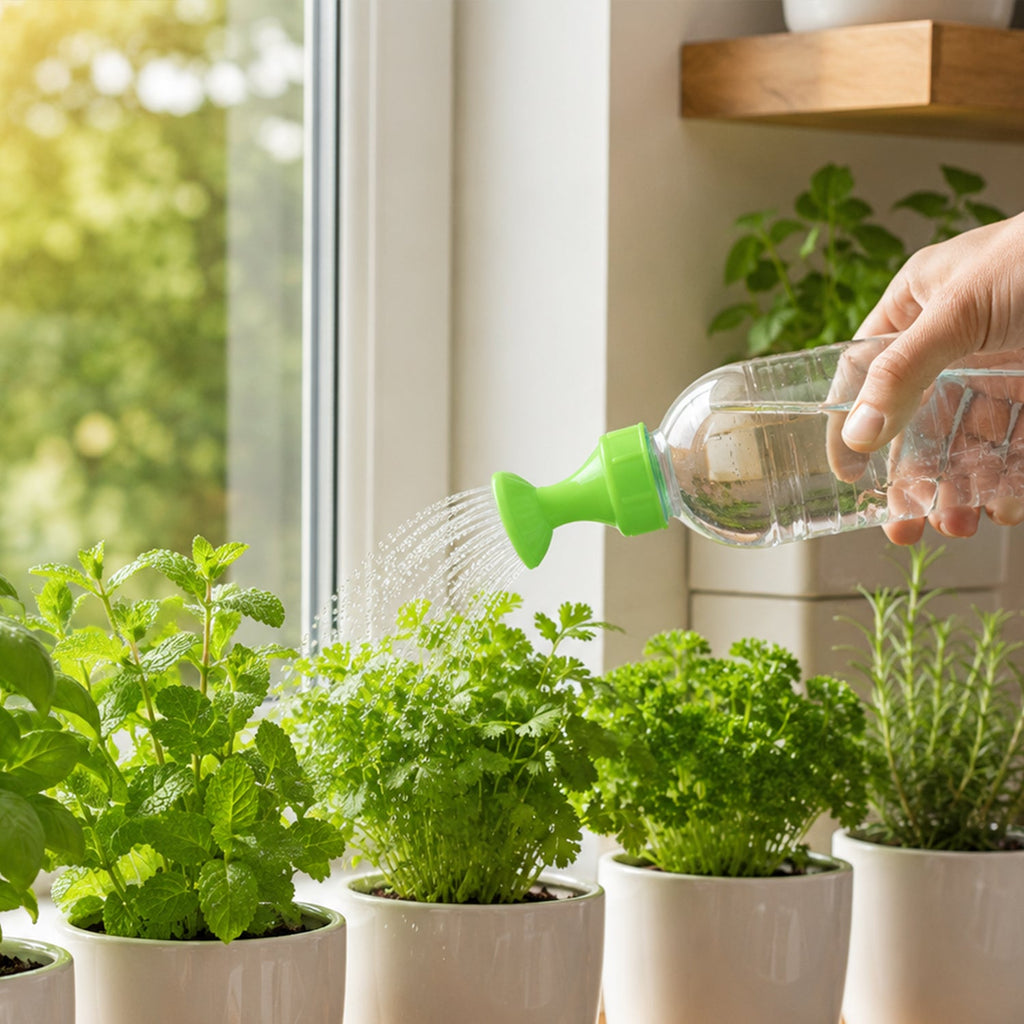 A hand holds a clear plastic bottle with a green and white sprinkler nozzle, watering a row of potted herbs by a window.