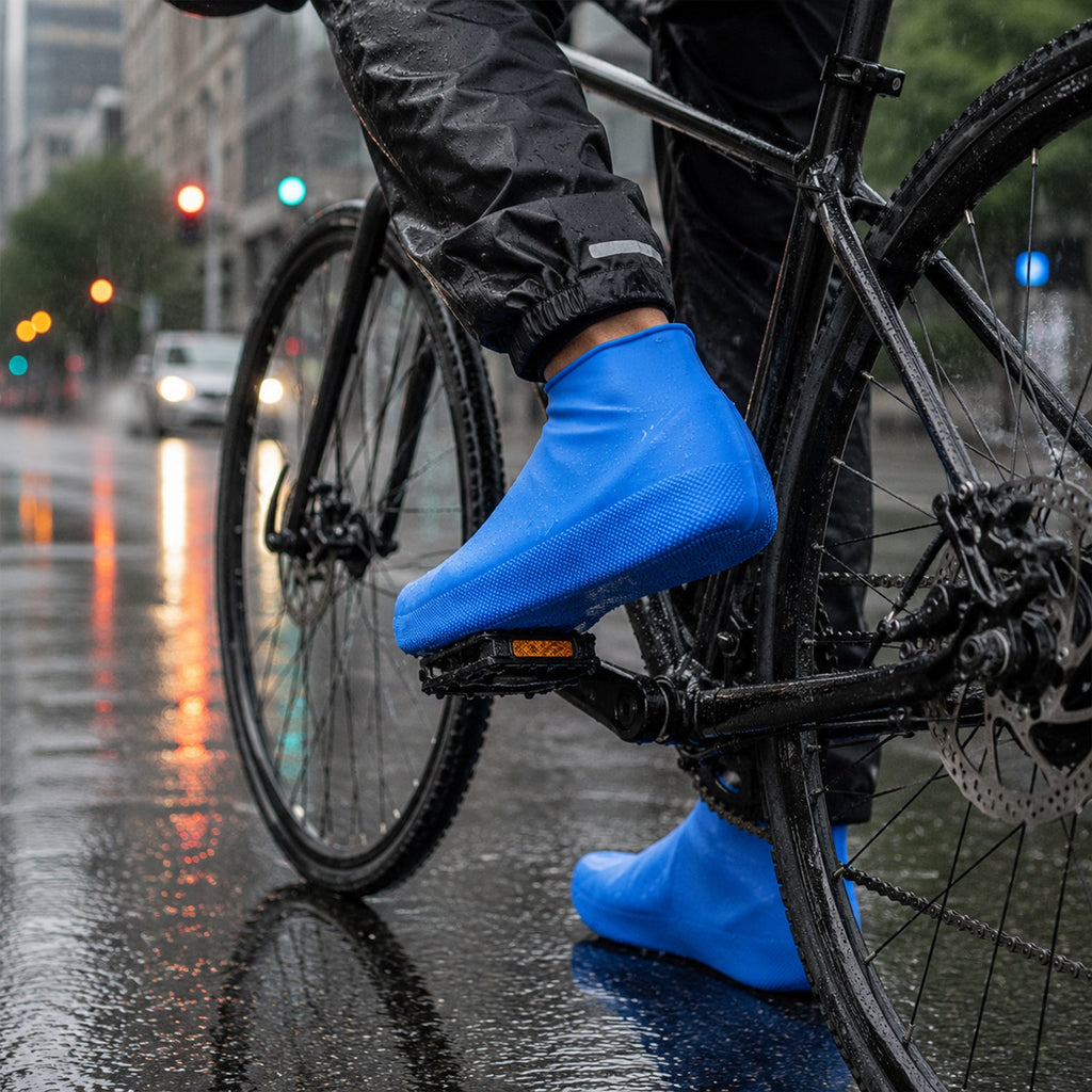 A person on a bicycle wears blue waterproof shoe covers on a wet city street.