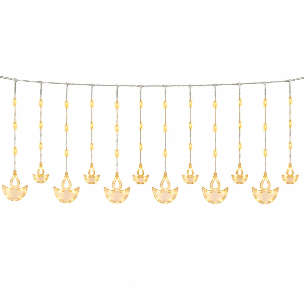 Warm white diya curtain light series on white background