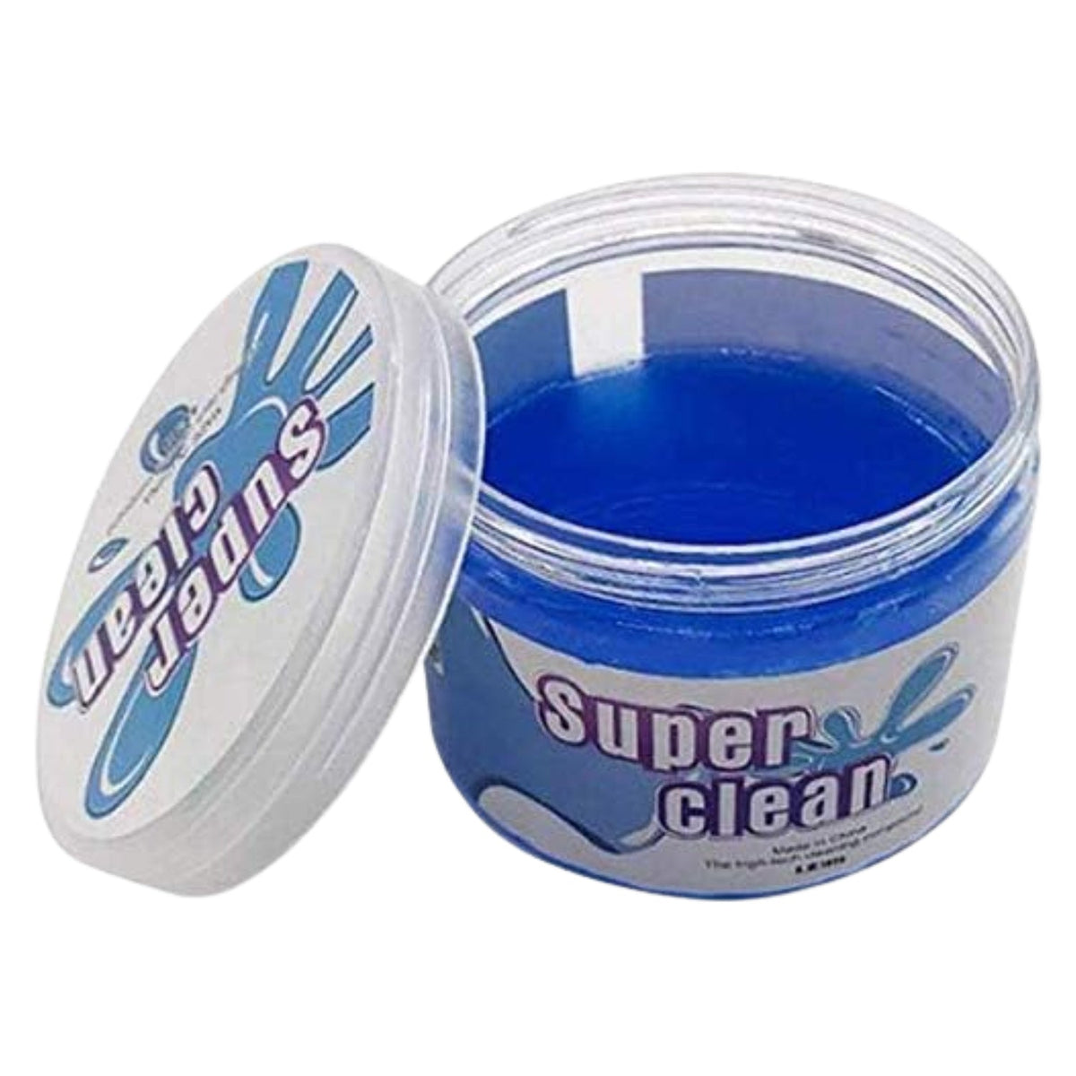 An open jar of blue cleaning gel is shown with its white lid resting beside it on a white background.