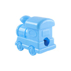A light blue plastic train-shaped pencil sharpener with a single hole visible, set against a white background.