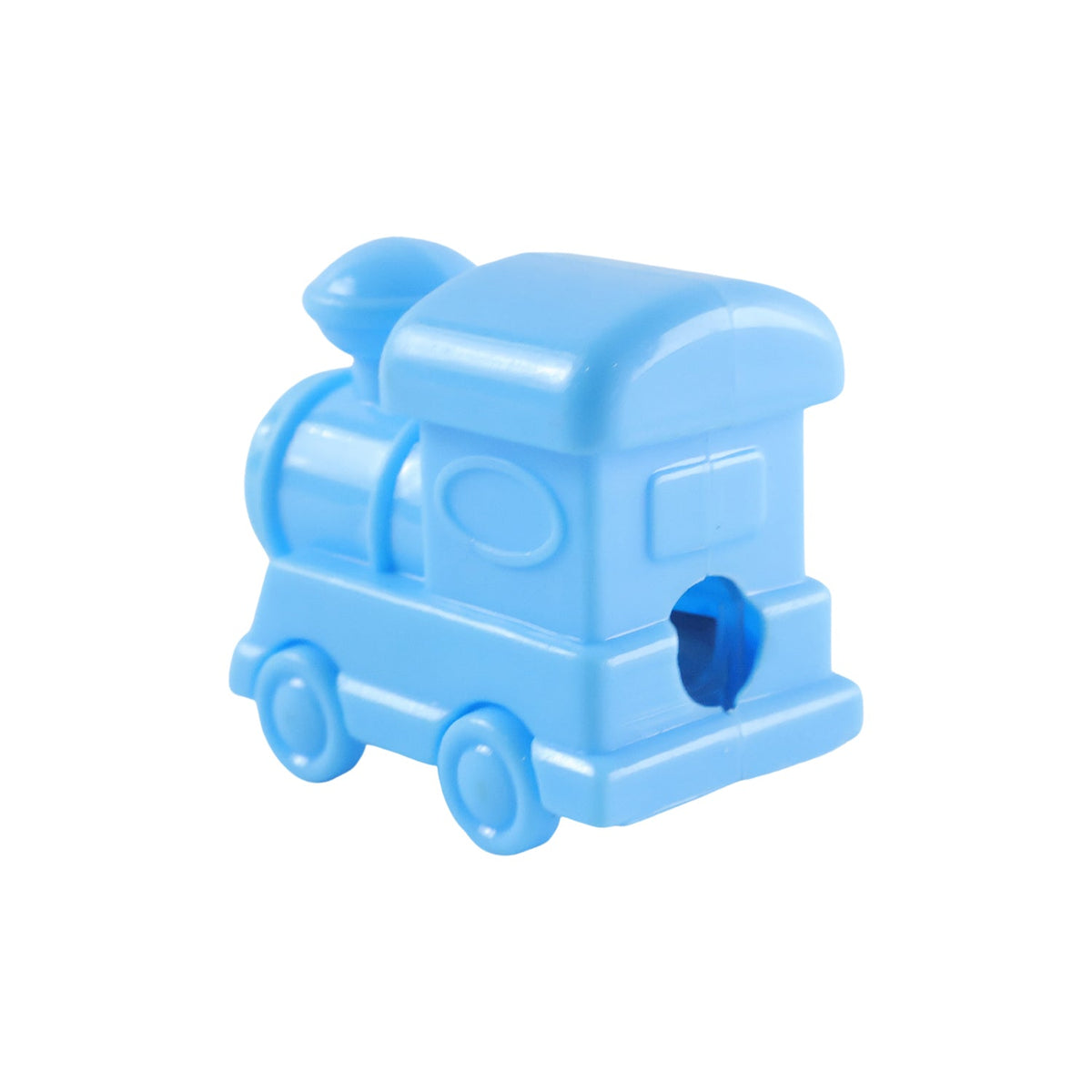 A light blue plastic train-shaped pencil sharpener with a single hole visible, set against a white background.