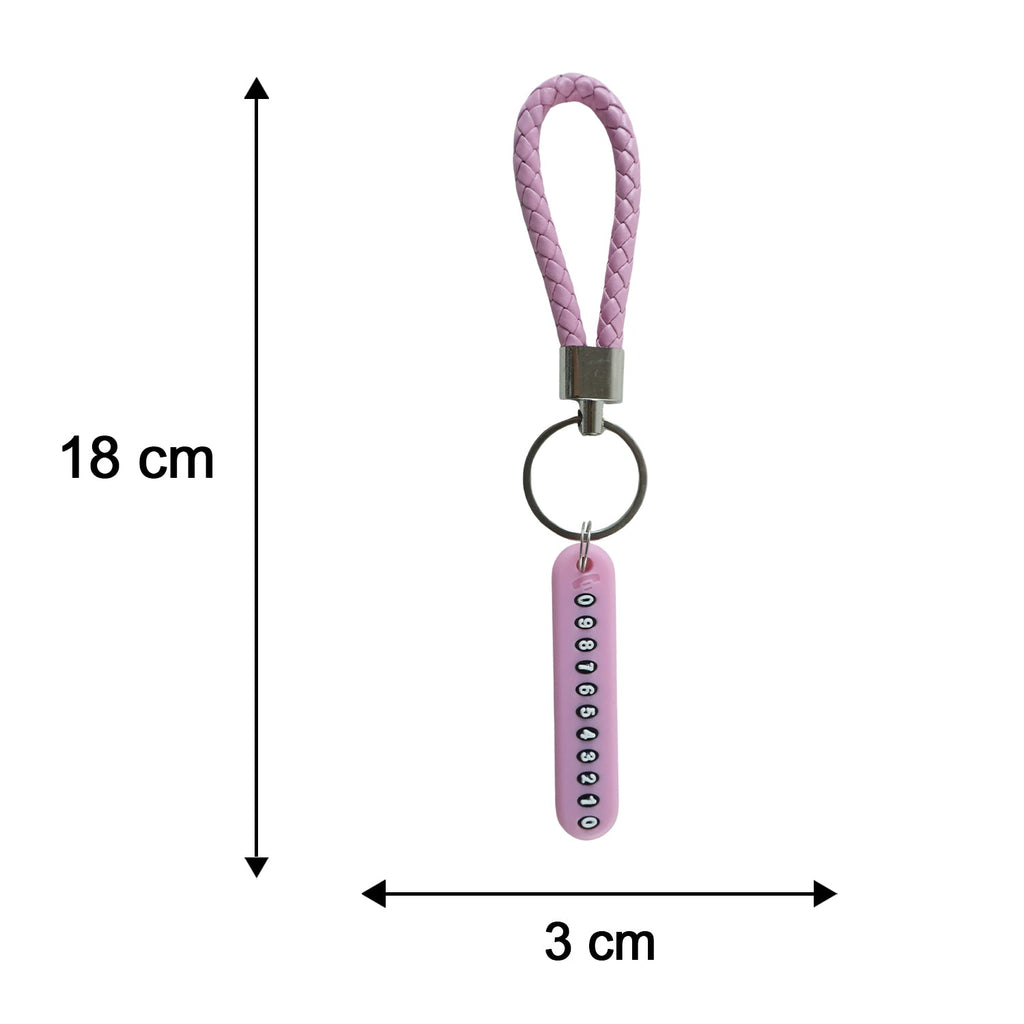 A pink braided wrist loop keychain with a pink number tag, showing dimensions of 18 cm length and 3 cm width.