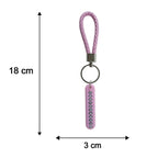 A pink braided wrist loop keychain with a pink number tag, showing dimensions of 18 cm length and 3 cm width.