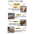 An instructional graphic detailing four steps for using travel soap sheets, from placing in hand to rinsing.