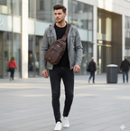 A man walking outdoors wearing a gray jacket and black jeans with a brown leather sling bag across his chest.