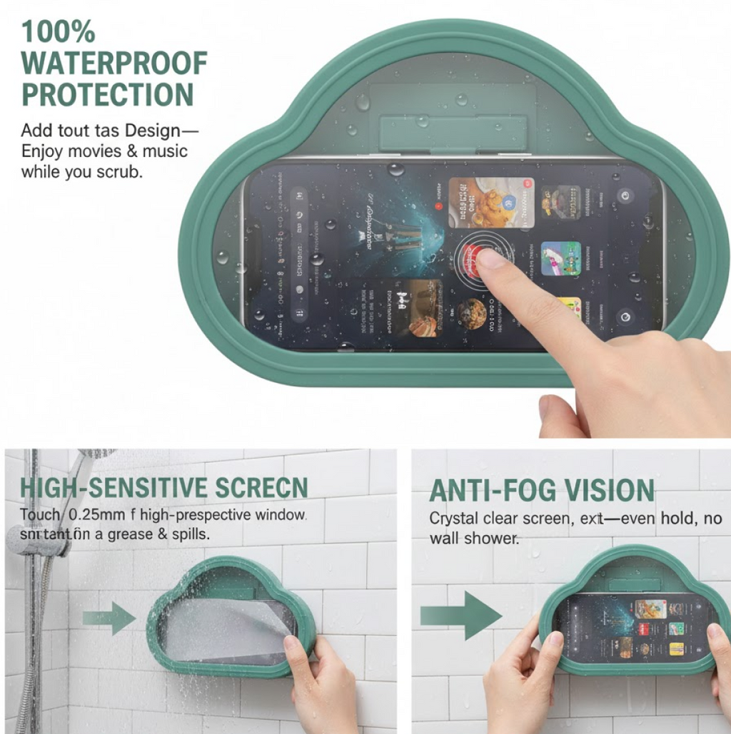 A hand interacts with a phone in a teal cloud-shaped waterproof holder on a wet tiled wall.