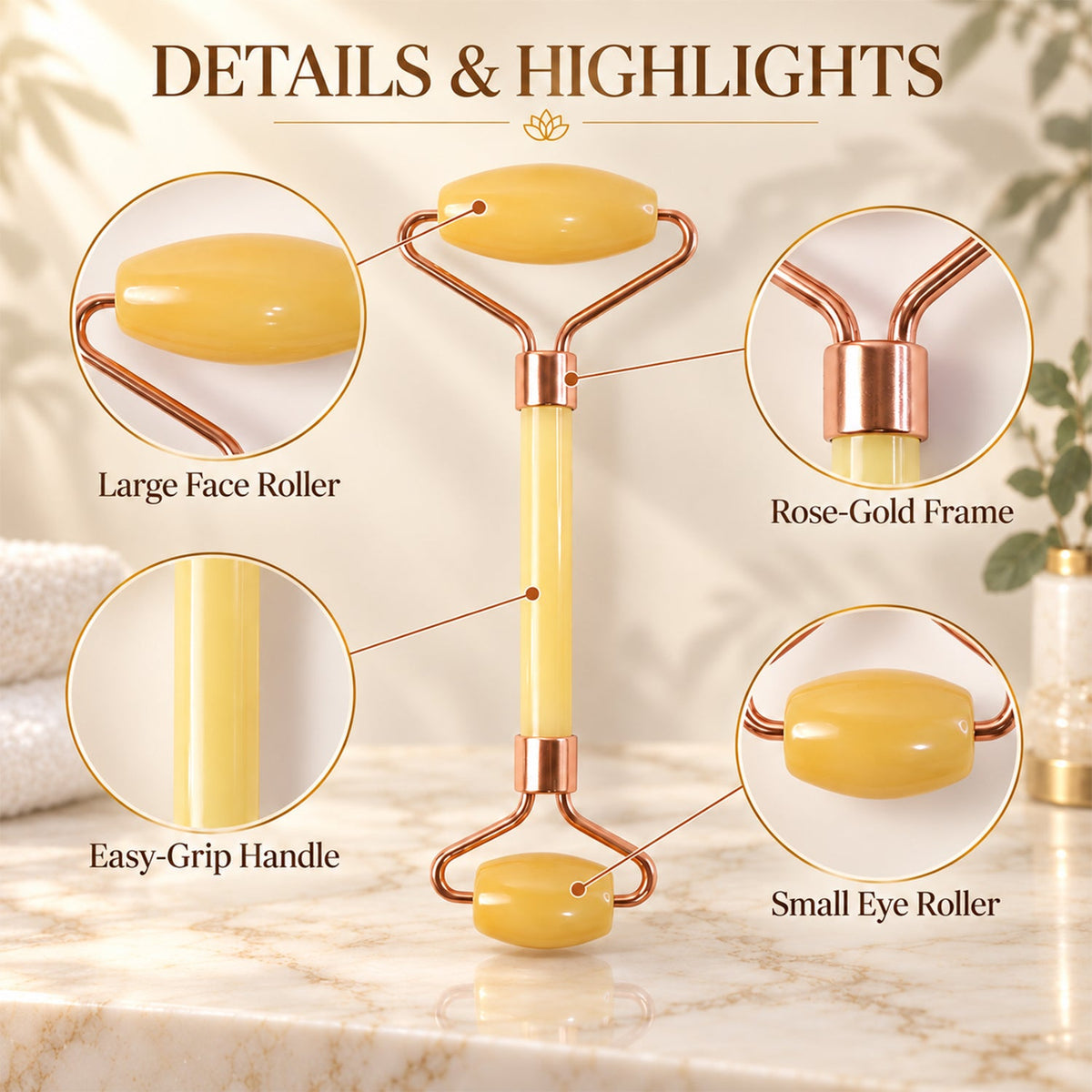 A yellow jade roller with rose-gold frame is highlighted, detailing its large face roller, easy-grip handle, and small eye