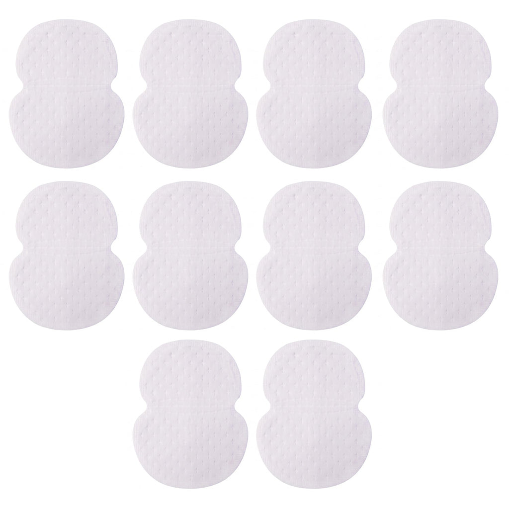 Ten white, hourglass-shaped, textured sweat pads are neatly arranged in rows on a white background.