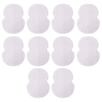 Ten white, hourglass-shaped, textured sweat pads are neatly arranged in rows on a white background.