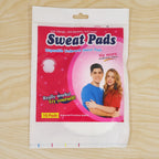 A white and pink plastic package for "Sweat Pads" with images of a man and woman, and text indicating "10 Pads".