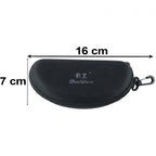 Closed black hard shell sunglasses case with a white logo, clip, and dimensions of 16 cm by 7 cm.
