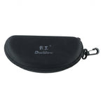 Closed black hard shell sunglasses case with a white logo and clip, against a plain white background.