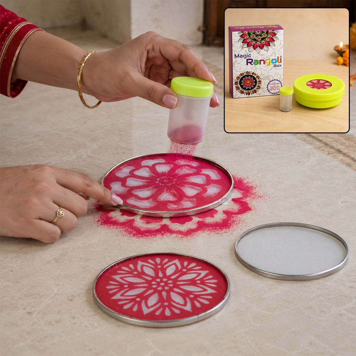 Magic rangoli maker set used to create a festive rangoli