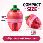 Two views of the strawberry-shaped sharpener, showing its approximate 7cm height and 4cm width.