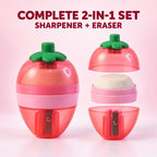 The strawberry-shaped sharpener disassembled into three parts: top, middle with eraser, and bottom with blade.