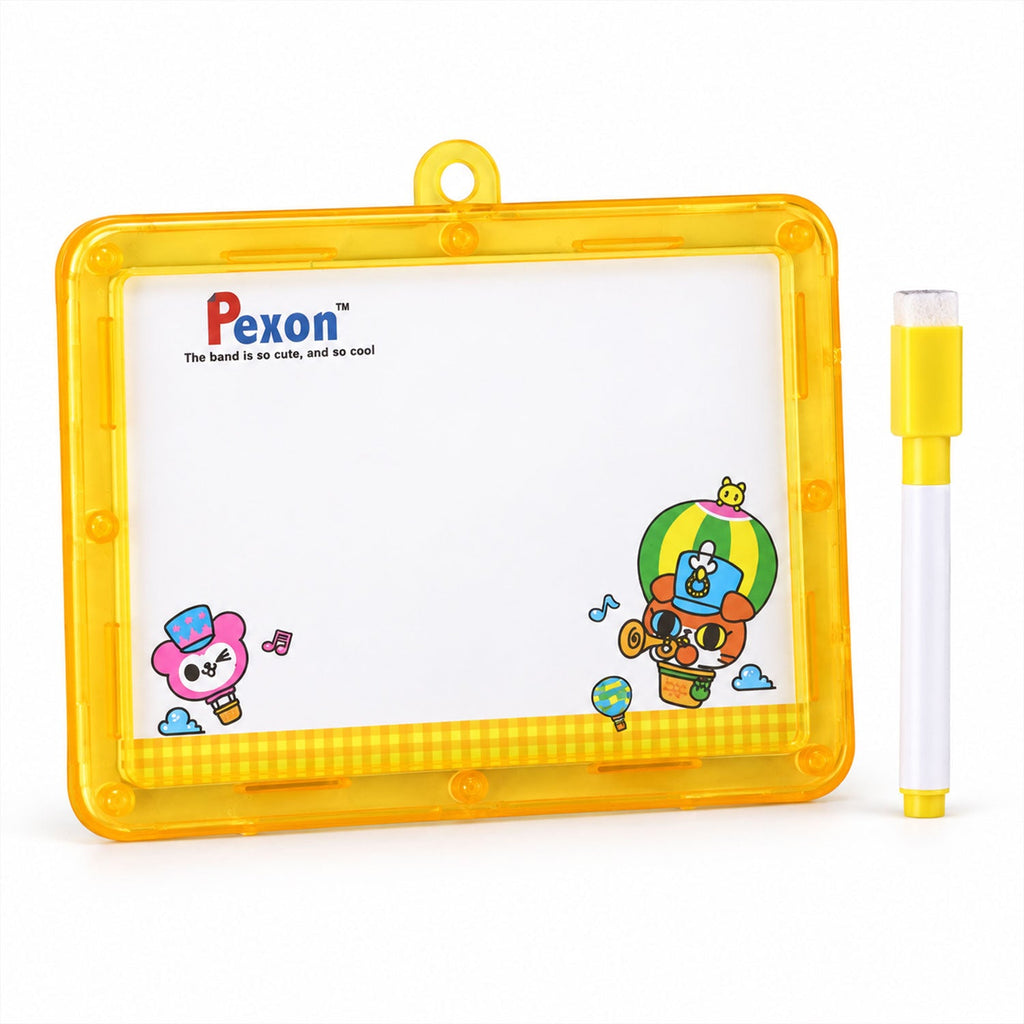 A yellow-framed Pexon writing board with cartoon characters on a white background. A yellow and white marker stands upright