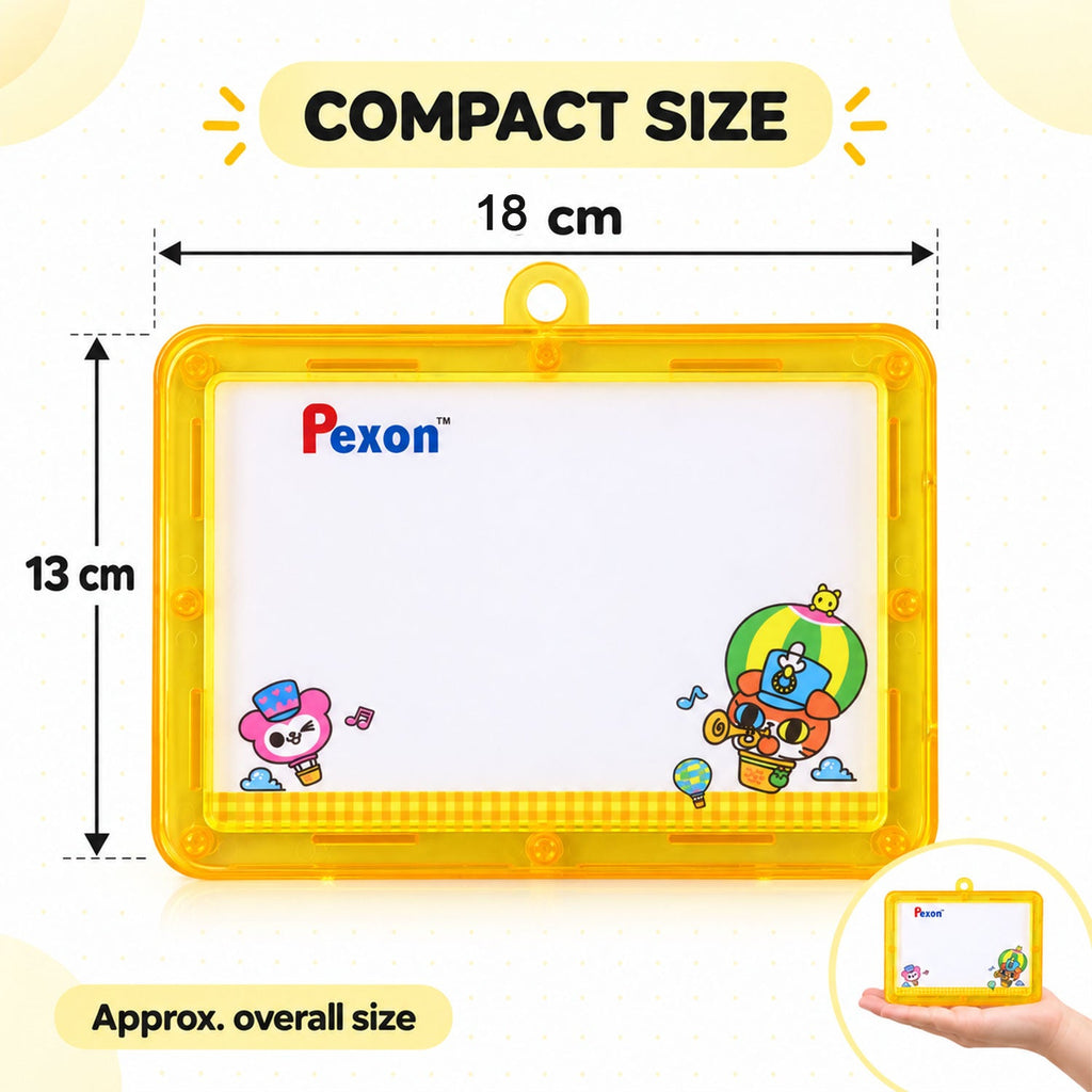 A yellow-framed Pexon writing board displaying its dimensions: 18 cm width and 13 cm height. A small inset shows it held in