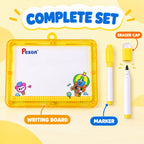 A yellow-framed Pexon writing board with a yellow marker and a yellow eraser cap. Text labels identify each component as a
