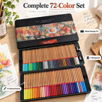 An open black metal tin contains 72 colored pencils and two sharpeners, with a small painting and art supplies nearby.