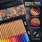 Close-up of vibrant colored pencils in a black tin, showcasing precision tips, rich colors, and dual sharpeners.
