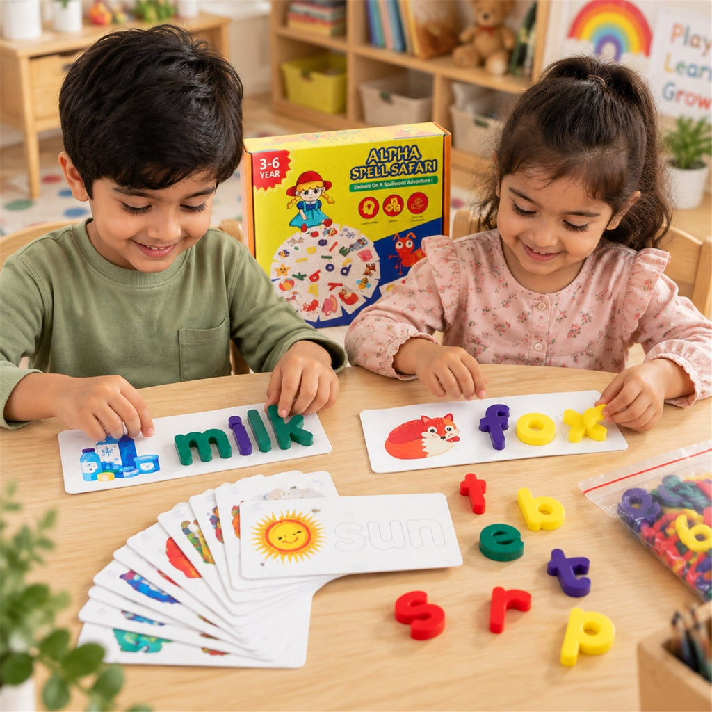Two children happily playing with colorful letter pieces and word puzzle cards on a light wooden table, with the product box