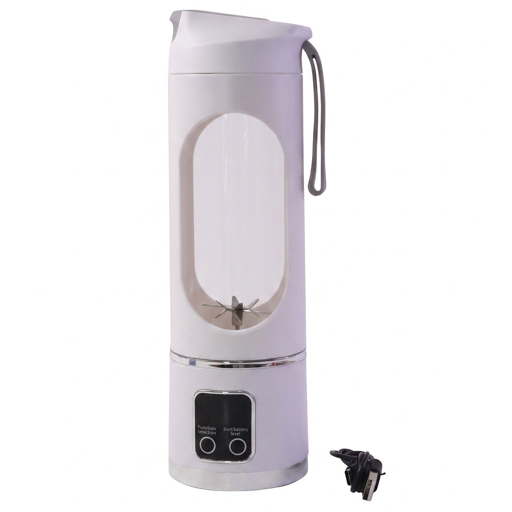 A white portable blender with a clear window and blades stands on a white background with a black charging cable.