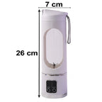 A white portable blender with a clear window and blades, showing dimensions of 26 cm height and 7 cm width.