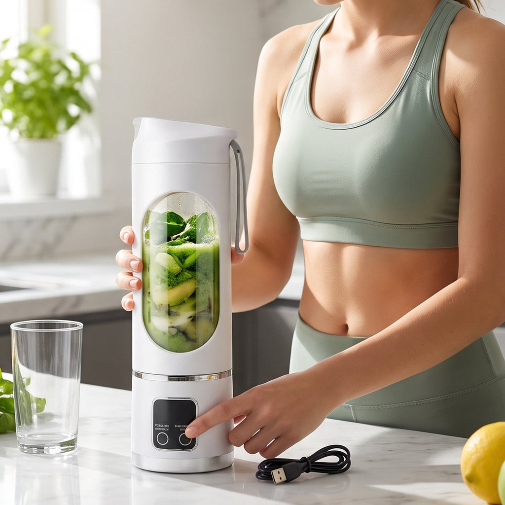 A woman in a green sports bra presses a button on a white portable blender filled with green smoothie ingredients.