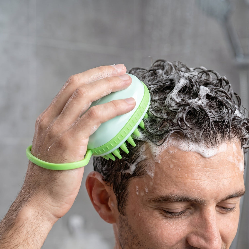 A person's hand is visible, holding a light green silicone scalp massage brush and scrubbing their dark, sudsy hair in a