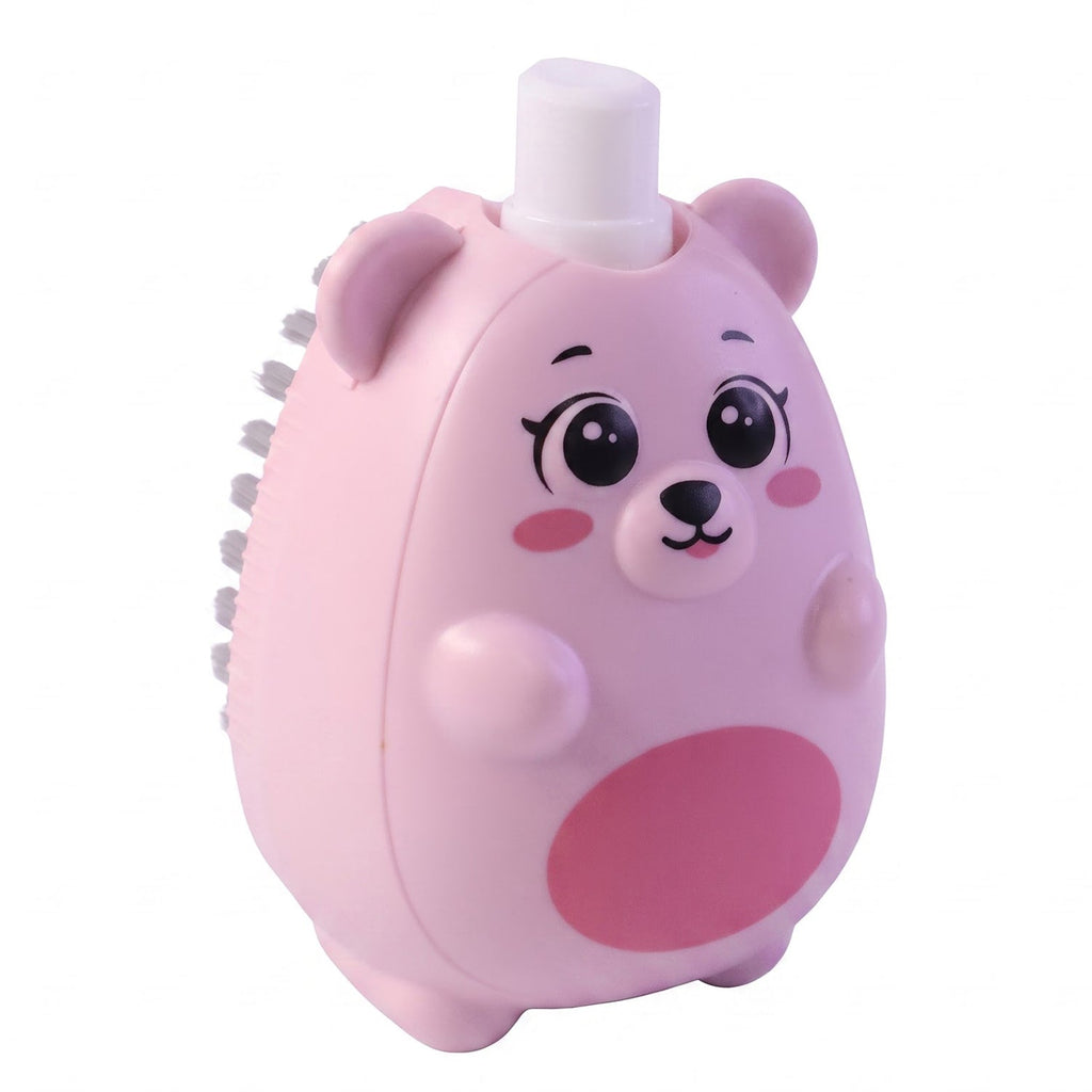 A pink bear-shaped soap dispensing brush with grey bristles on its side is shown on a white background.