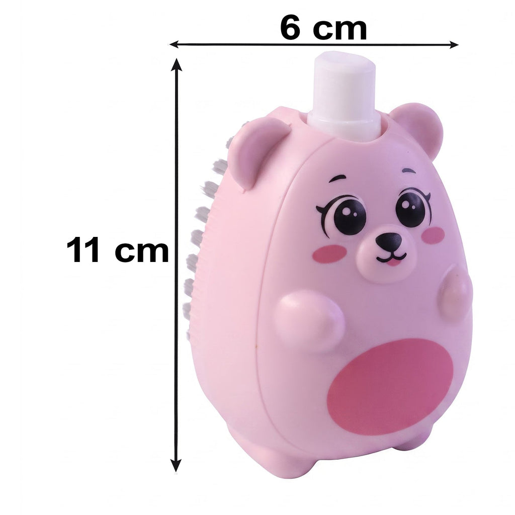 A pink bear-shaped soap dispensing brush with grey bristles has dimensions of 11 cm height and 6 cm width.