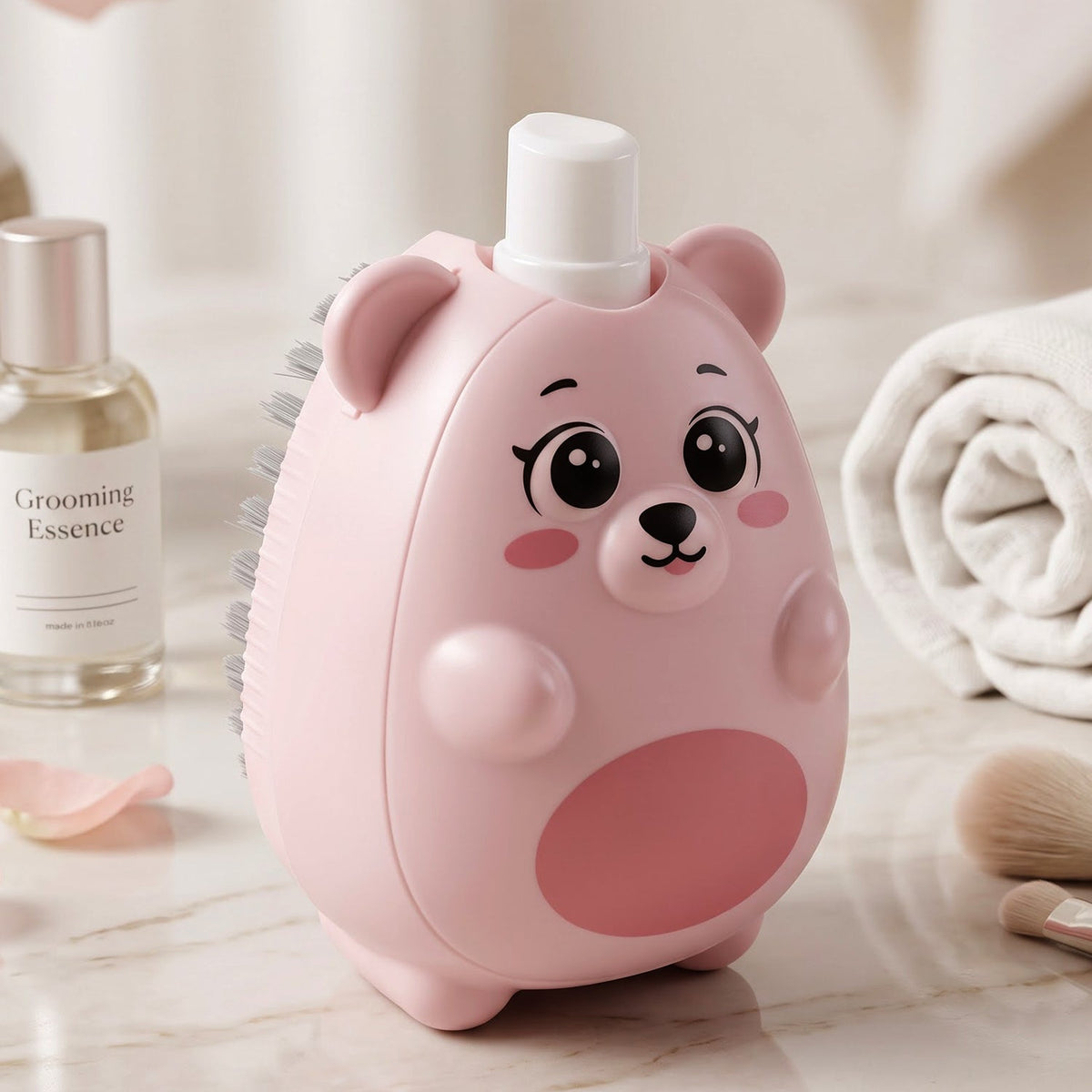 A pink bear-shaped soap dispensing brush with grey bristles sits on a counter with a bottle and makeup brushes.
