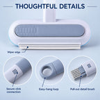 Close-up of the cleaning head with a wiper edge, and three circular insets showing the secure connection, hang loop, and