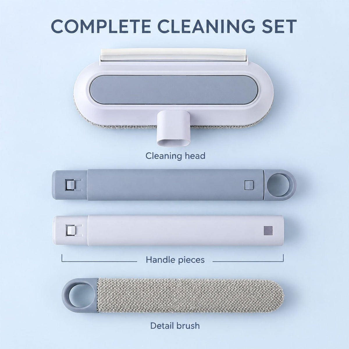 The cleaning set disassembled, showing the head, two handle pieces, and a separate detail brush on a blue surface.
