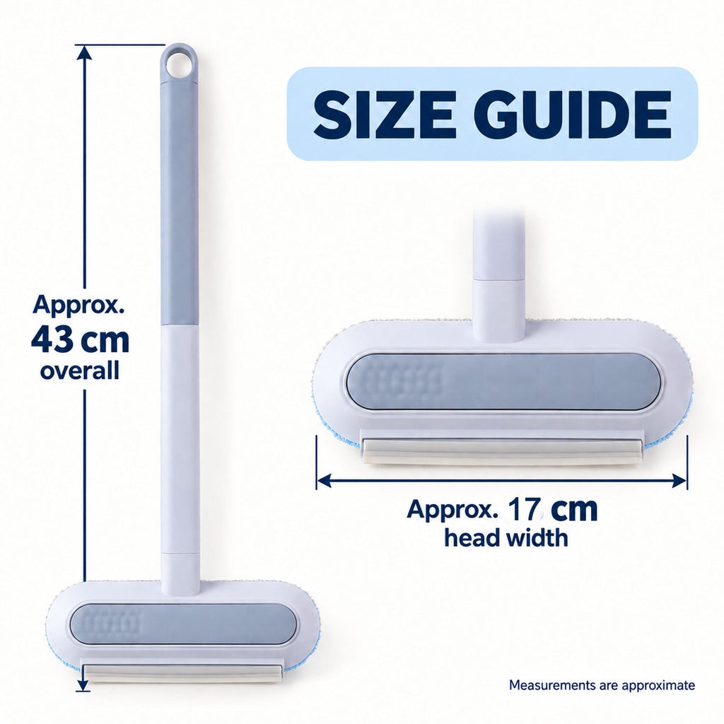 A full view of the assembled cleaning tool with dimensions: approximately 43 cm overall and 17 cm head width.