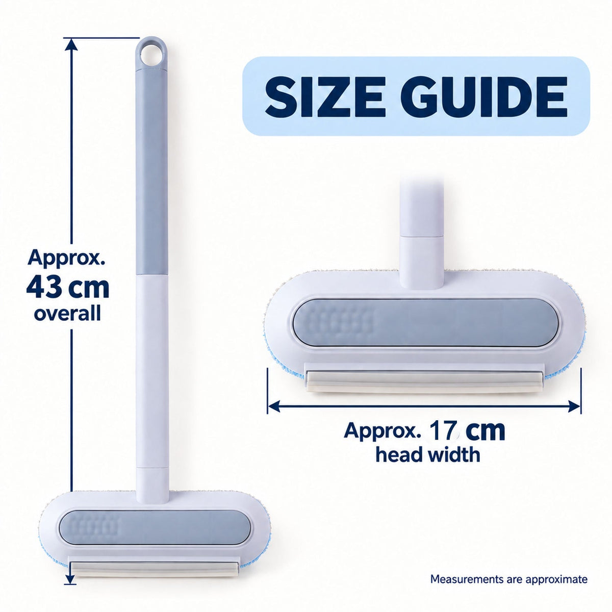 A full view of the assembled cleaning tool with dimensions: approximately 43 cm overall and 17 cm head width.