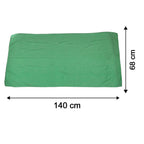 A flat light green towel with embossed patterns, showing dimensions of 140 cm by 68 cm.