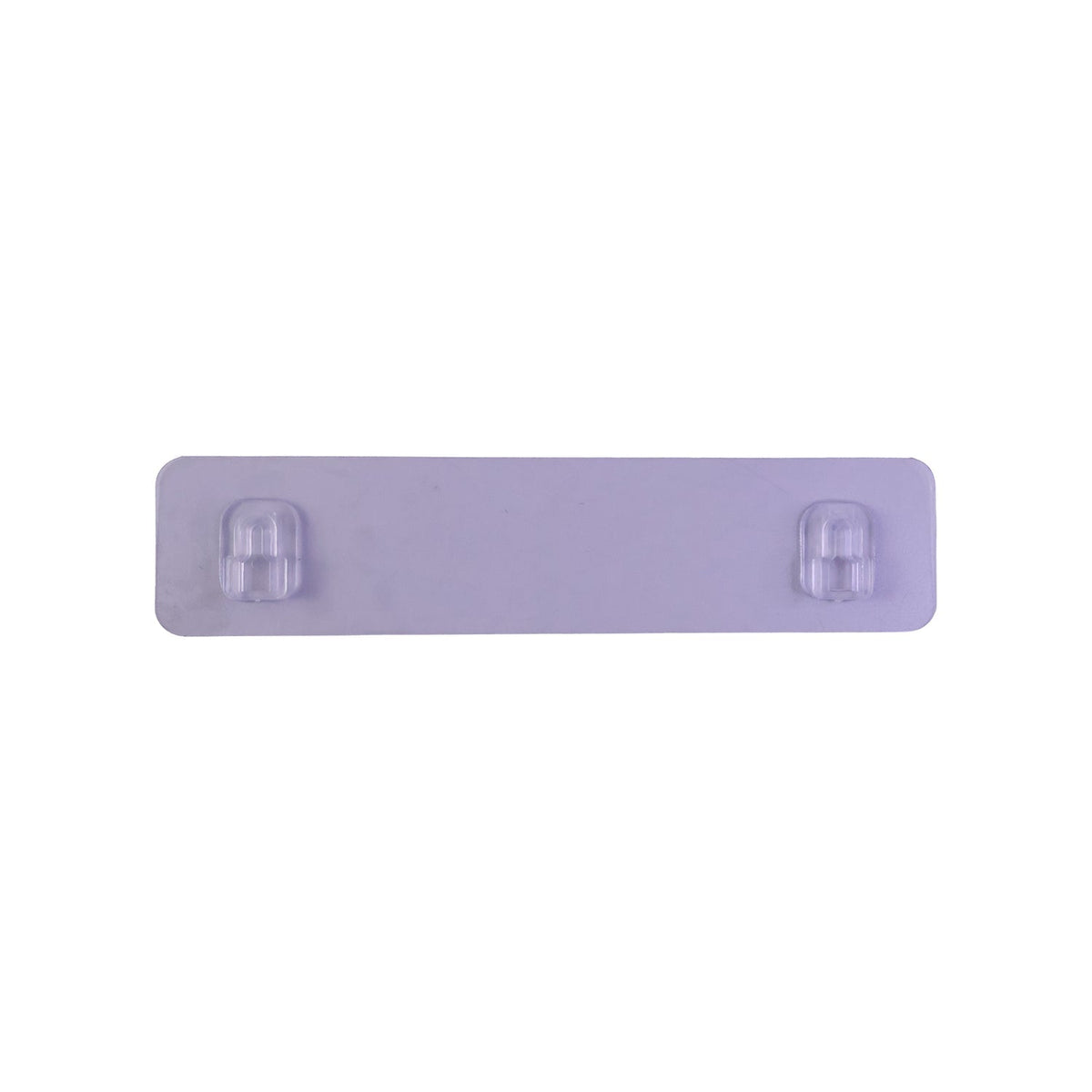 A clear adhesive wall hook strip with two hooks on a plain white background.