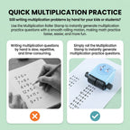 A split image contrasting writing math problems by hand with using the blue elephant math roller stamp to quickly generate
