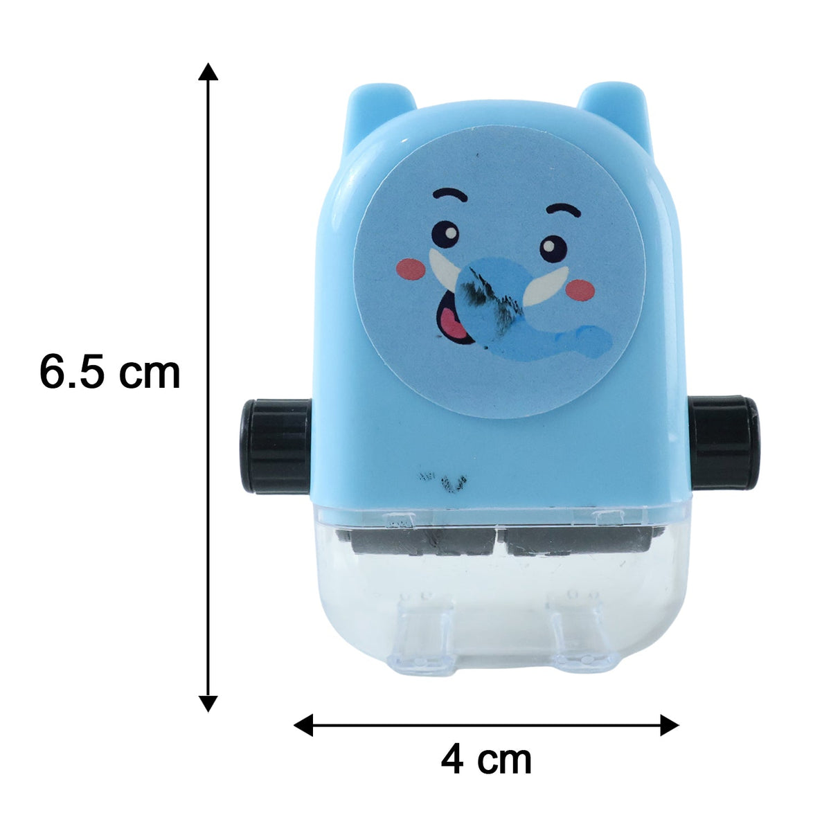 A blue elephant math roller stamp with a clear base is shown with its dimensions, 6.5 cm height and 4 cm width, indicated by