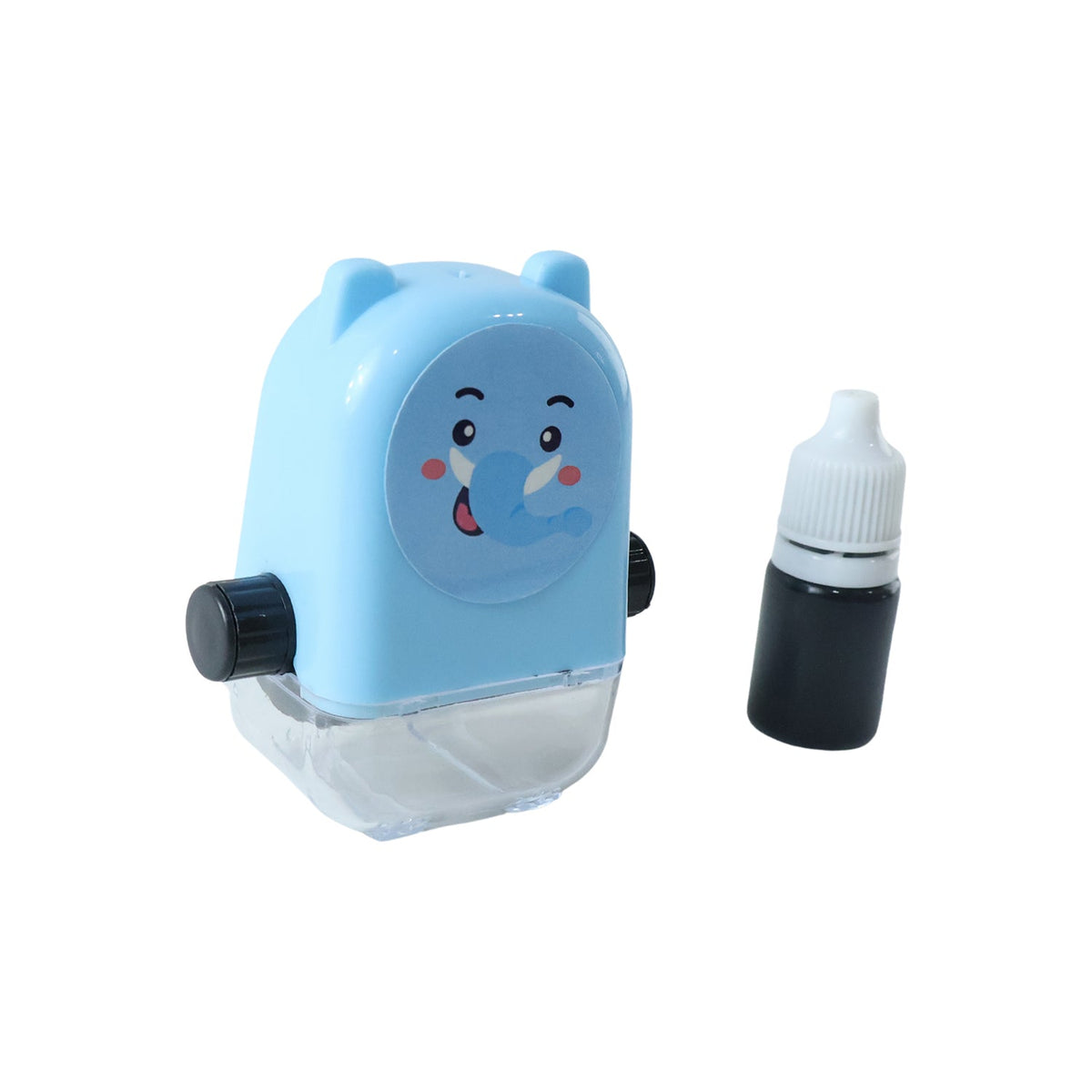 A blue elephant math roller stamp with a clear base and a small black ink bottle are displayed on a white background.