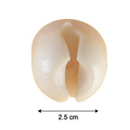 A top-down view of a single white toothbrush holder clip on a white background with a 2.5 cm measurement arrow.