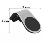 A silver and black magnetic car phone holder is presented on a white background.